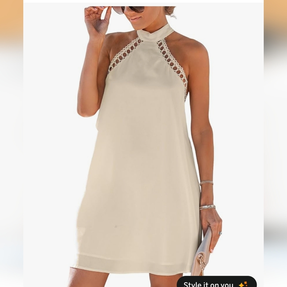 Cupshe Womens Halter Mini Dress Beige Crochet Lace Open Back Tie Neck Small NEW